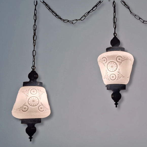 *SOLD*Antique embossed Milk Glass Hanging Swag Light Fixtures Victorian Old West - Picture 2 of 10